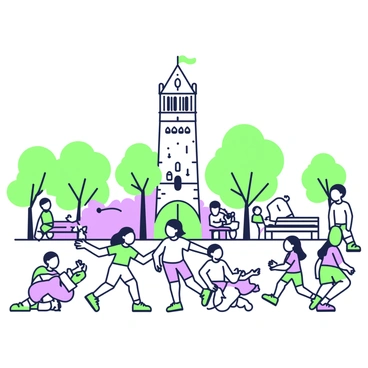 A group of children is playing in a square near "Galata Tower." The children are of diverse backgrounds, showcasing a mix of clothing styles, with some wearing vibrant t-shirts and shorts, while others are in light summer dresses. They are engaged in various games, such as tag and catch. Some children are running, while others are sitting on the ground, giggling and sharing stories. In the background, "Galata Tower" stands tall, with its distinct architecture and stone structure. Around the square, there are green trees providing shade, and benches where adults are observing the scene. The sky is clear, adding to the joyful atmosphere of the day.