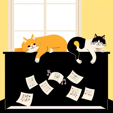 Several fluffy cats in various colors, including orange, black, and white, are playfully lounging on top of a polished black piano. One cat is stretched out, with its paws hanging over the edge, while another is perched playfully on the piano's lid. Scattered around them are several sheets of music, some partially crumpled, featuring musical notes and decorated with whimsical designs. A bright window in the background lets in sunlight, gently illuminating the scene.