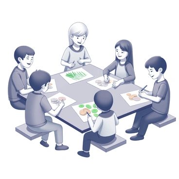 A group of children sits around a large table, each one focused on their individual drawings. On the table, various Haft-Sin items are arranged, including "sabzeh," "samanu," "senjed," and "sekeh." Each child holds a pencil or crayon, concentrating on translating these traditional items into their art. One child is drawing "sabzeh" with green sprouts, while another is illustrating "sekeh" with intricate designs representing coins. The atmosphere is lively, with smiles and sharing of ideas as they engage in this creative process, showcasing their unique interpretations of the Haft-Sin traditions.