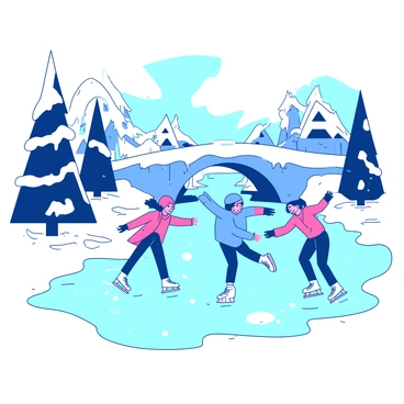 A group of people is joyfully ice skating on a frozen canal. The canal is bordered by trees covered in a thick layer of snow. Snowflakes are gently falling from the sky, adding to the winter atmosphere. Some skaters are performing spins and jumps, while others glide gracefully across the ice. In the background, a quaint bridge spans the canal, adorned with icicles hanging from its edges. The scene captures the essence of winter fun in a snowy landscape.