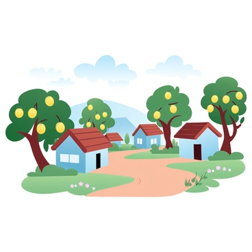 A small village is depicted with colorful houses made of clay and wood. Scattered among these houses are mango trees, their branches heavy with ripe, yellow mangoes. The houses have thatched roofs and vibrant exteriors, some painted in shades of blue and green. A dirt path weaves through the village, lined with small flower patches and shrubs. In the background, a clear sky can be seen with soft clouds drifting above. The scene captures the essence of a peaceful, rural lifestyle.