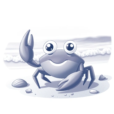 A cartoon crab with large, expressive eyes is waving its right claw. The crab has a cheerful appearance, with a round body and prominent claws. It is positioned on a sandy beach, surrounded by small piles of sand and scattered seashells. In the background, gentle waves can be seen rolling onto the shore. The overall scene conveys a playful atmosphere as the crab interacts with its beach environment.