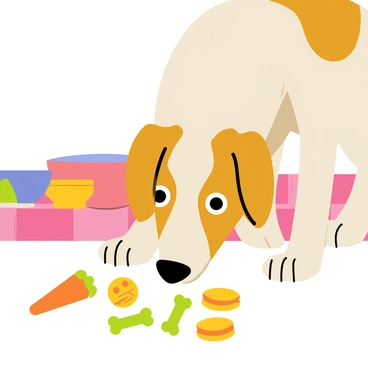 A dog with its nose hovering over an assortment of tasty treats