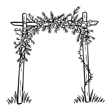 A wedding arch made of wood stands tall, intricately designed with natural details. It is beautifully adorned with native Australian flowers such as wattle and eucalyptus, which cascade down from the top of the arch. The arrangement of the flowers is lush and abundant, creating a striking focal point. Delicate leaves and twigs are woven throughout, enhancing the organic feel of the structure. The ground beneath the arch is soft and grassy, providing a natural setting for the wedding ceremony. 