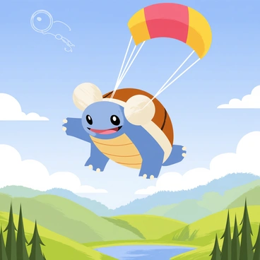 A blue Blastoise with large, powerful water cannons on its back is skydiving through a clear blue sky. It is wearing a colorful parachute, which is open above it, and the parachute fabric has a mix of red, yellow, and orange colors. Below Blastoise, a scenic landscape stretches out, featuring rolling green hills, a sparkling blue lake, and a forest of tall trees. Fluffy white clouds are scattered in the sky, and the sunlight casts warm rays across the landscape.