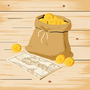 A vintage sack filled with shiny coins sitting on a wooden table next to an old map.