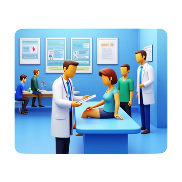A doctor in a white coat is examining a patient sitting on an examination table. The doctor has a stethoscope around their neck and is looking attentively at the patient's chart. The patient, a middle-aged individual, appears to be engaged in conversation. Surrounding them, there are several medical posters on the walls providing health information. In the background, a busy reception area can be seen with people waiting, a nurse attending to a patient, and medical equipment visible. The overall atmosphere is that of a bustling urban health center.