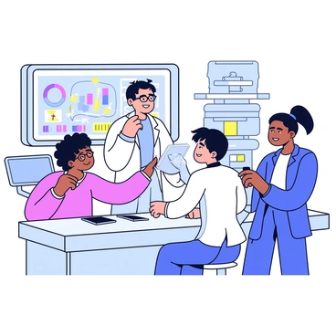 A group of three scientists is gathered in a futuristic lab. The lab features sleek, metallic surfaces and glowing panels. One scientist, wearing a lab coat and glasses, is interacting with a floating holographic interface that displays colorful data and diagrams. Another scientist, with short hair and a focused expression, observes the interface intently while taking notes on a digital tablet. The third scientist, with long hair tied back, points at the hologram with a look of curiosity. Various advanced equipment and screens are visible in the background, illuminating the space with a soft light.