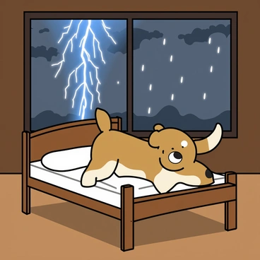 A small brown and white dog with large, expressive eyes is cowering under a wooden bed. The dog's ears are flattened against its head, and it has its tail tucked tightly between its legs. The bed has a white blanket draped over it, and shadows stretch across the floor from the bed's legs. Outside the window, flashes of lightning illuminate the room, creating a stark contrast with the warm interior. Rain is depicted pouring heavily against the windowpane, and there are dark clouds visible through the glass. The room is dimly lit, adding to the overall atmosphere of the thunderstorm.