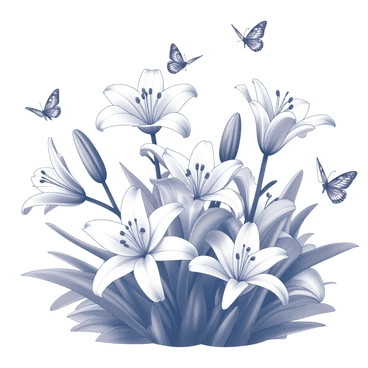 A garden filled with white lilies in full bloom, their petals open wide and displaying intricate textures. The flowers are surrounded by lush green foliage, creating a vibrant contrast. Numerous butterflies in various shapes and sizes are fluttering around the lilies. Some are poised delicately on the edges of the petals, while others are mid-flight, showcasing their patterned wings. The scene captures the lively interaction between the flowers and the butterflies, creating a dynamic and harmonious atmosphere.