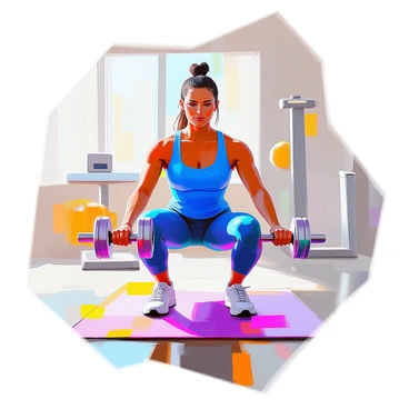 An individual with medium skin tone is dressed in vibrant sportswear, consisting of a bright blue tank top and matching leggings. They are positioned on a colorful fitness mat, performing renegade rows with determination. The individual's hands grip a set of dumbbells as they balance on their toes, while their core is engaged. The background features a well-lit gym environment with exercise equipment visible, adding context to the workout scene.