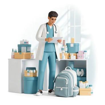 A doctor is standing in a bright, organized room filled with medical supplies. The doctor is wearing a blue scrubs outfit and a white lab coat, with a stethoscope around their neck. They are packing various items into a large, sturdy backpack, including bandages, antiseptics, and surgical instruments. Boxes of medications are neatly arranged on a nearby table. The doctor has a focused expression, carefully checking a clipboard for packing lists. Sunlight streams in through a window, illuminating the space and creating a sense of urgency and purpose.