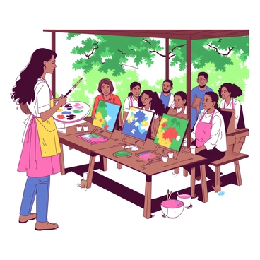 An artist with a long brush and a palette stands at the front of an outdoor pavilion, addressing a group of participants. The artist has flowing hair and is wearing a bright apron splattered with paint. The pavilion is surrounded by lush, green trees filtering sunlight. The participants, a diverse group of men and women, are seated at wooden tables, each with canvases positioned in front of them. They are eagerly painting, focusing on their colorful masterpieces. Some participants are smiling, while others are deep in concentration, surrounded by pots of paint and brushes. The atmosphere is lively and engaged, showcasing the love for art.
