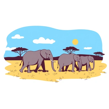 A group of elephants is marching across a sunlit savannah, their large bodies casting shadows on the golden grass. The elephants have varying shades of grey, displaying their impressive size and strength. In the background, there are sparse acacia trees that punctuate the landscape, while a bright blue sky stretches above, dotted with a few fluffy white clouds. The sun is shining brightly, illuminating the scene and creating a vibrant atmosphere as the elephants move gracefully together across the terrain.