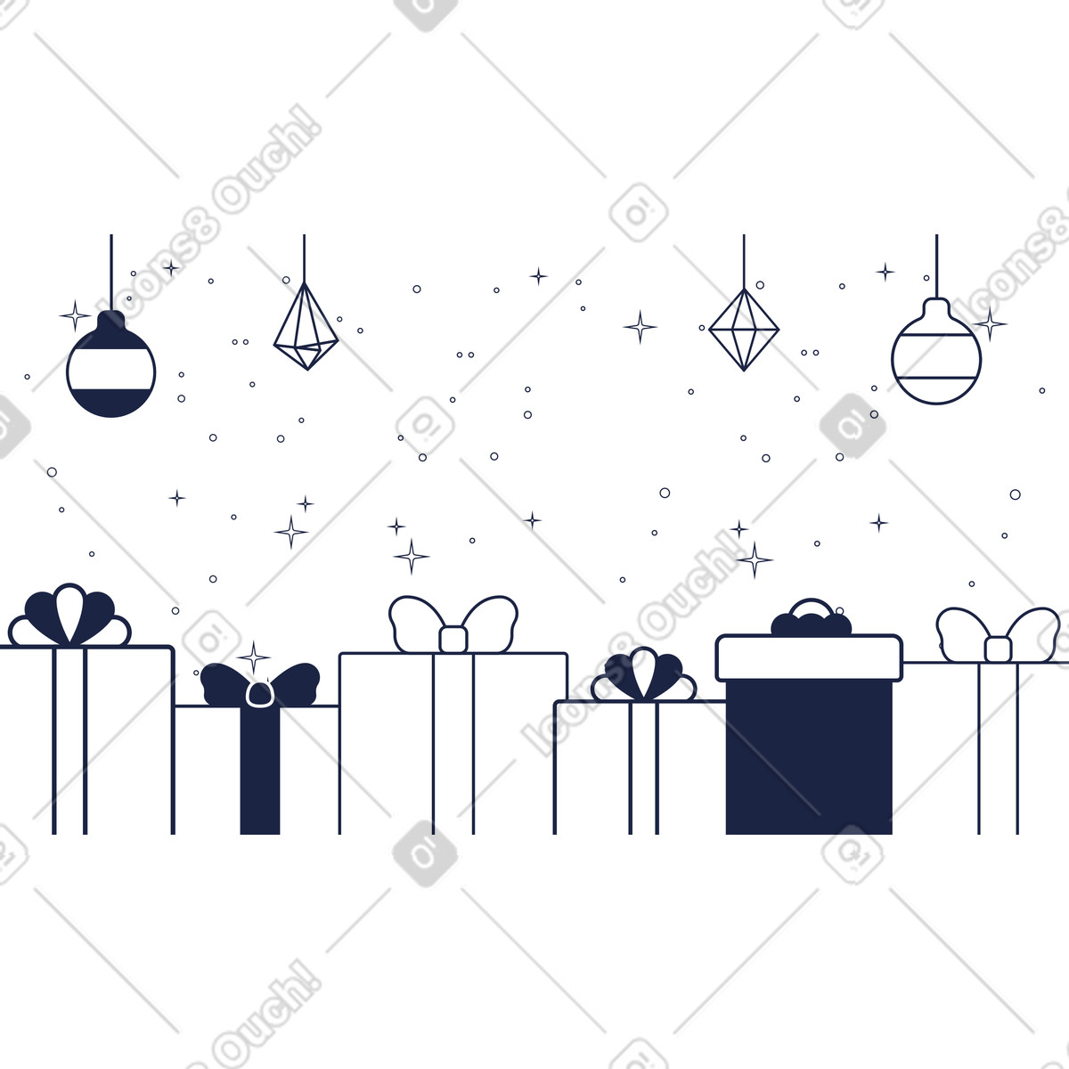 Gift boxes and ornaments under snowfall, Christmas celebration background illustration in Urban Line style download in PNG, SVG