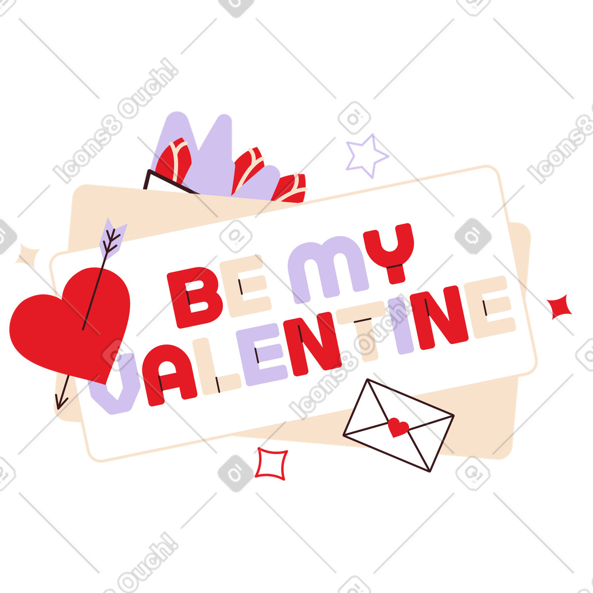Folks スタイルの Be My Valentine sign with bouquet and arrow-pierced heart, Valentine's Day message のイラストをPNG、SVG形式でダウンロード