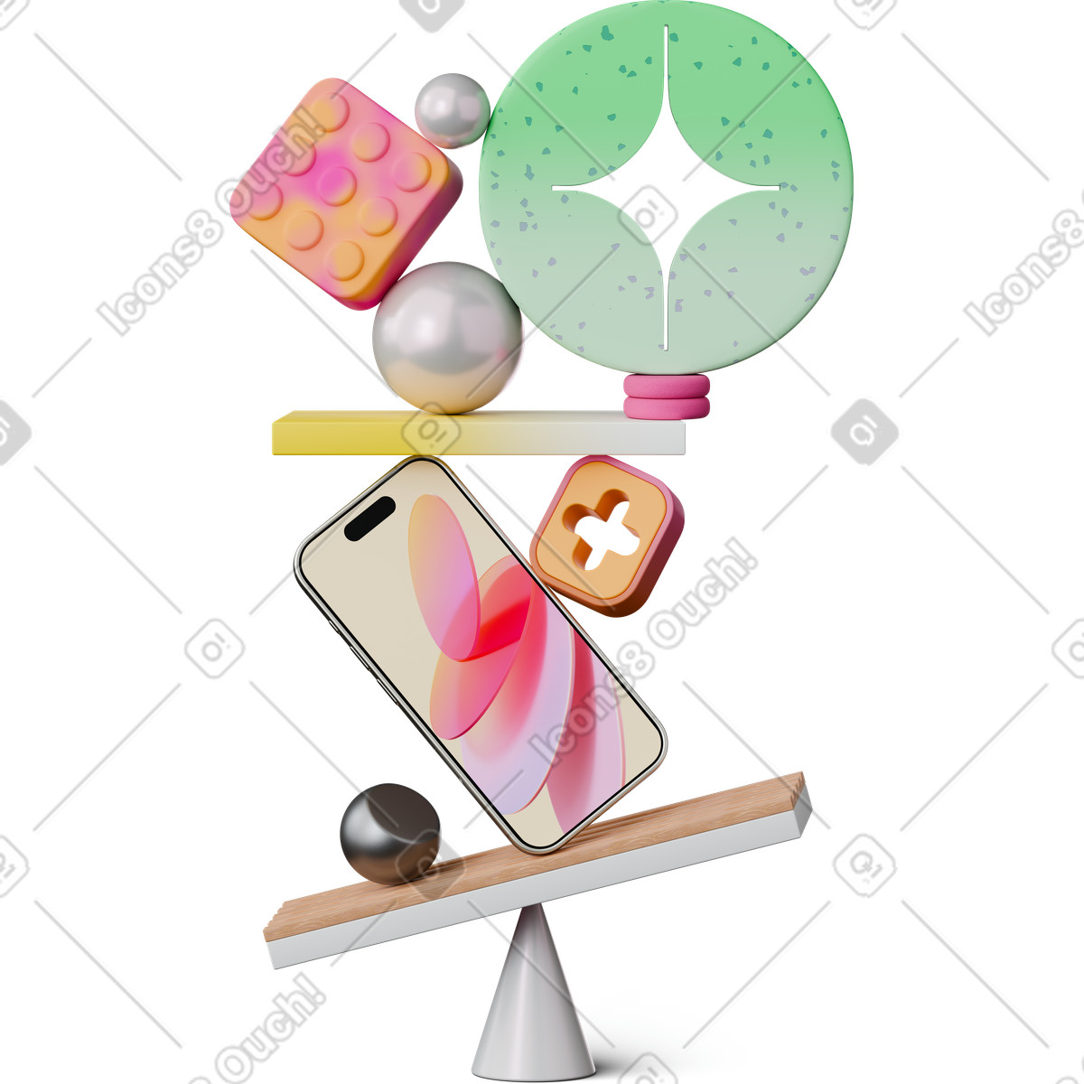 下载 3D Hygge 风格的 Front view of smartphone with abstract figures 动画插图，支持 GIF、Lottie （JSON）、AE 格式