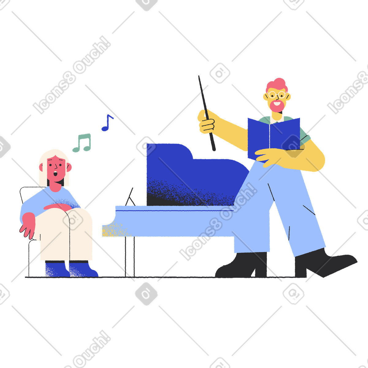 Pablo スタイルの 音楽の先生と一緒に歌を習う女の子 のイラストをPNG、SVG形式でダウンロード