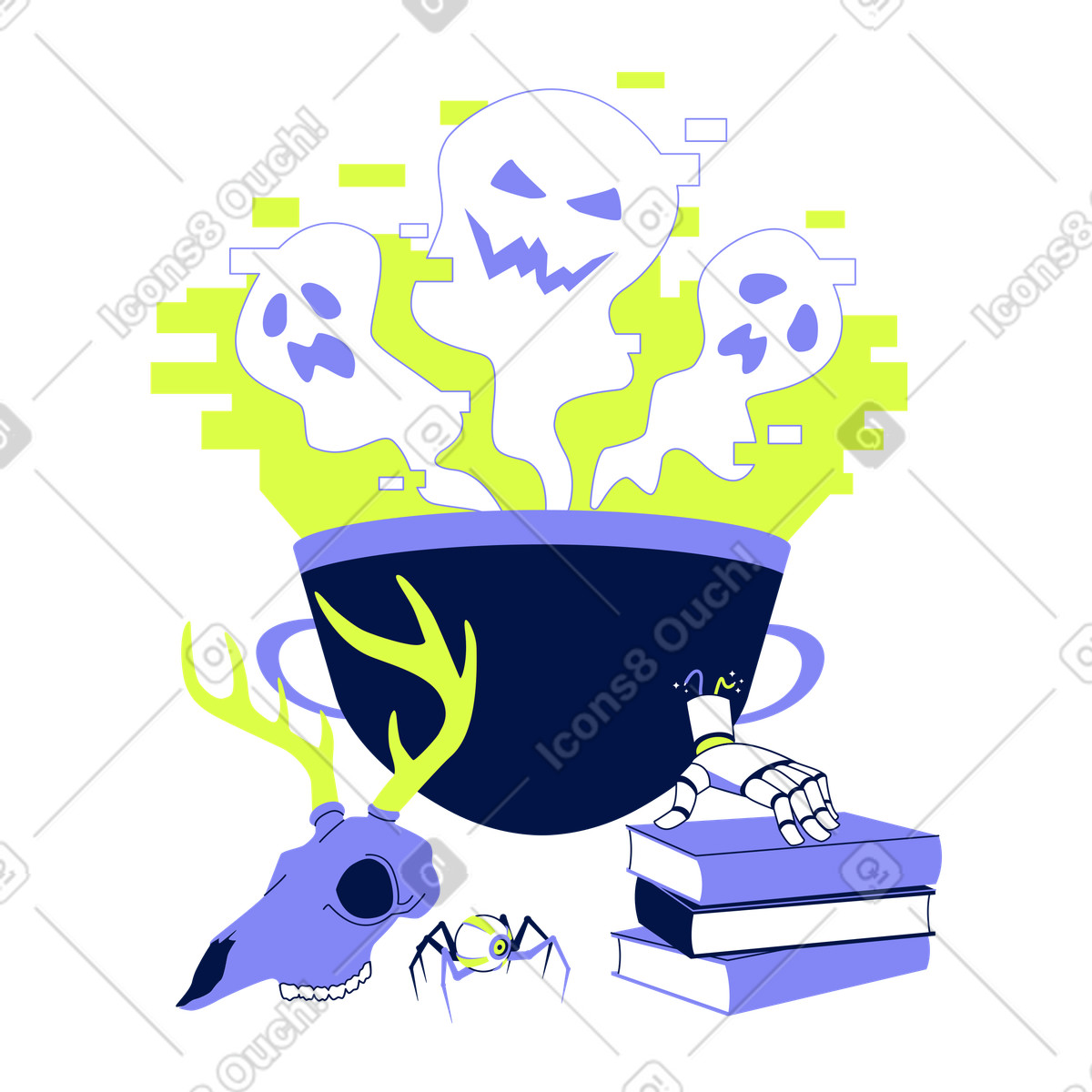 Calderone di halloween con teschio cervo e mano robotica illustrazione in stile Glow scarica in PNG, SVG
