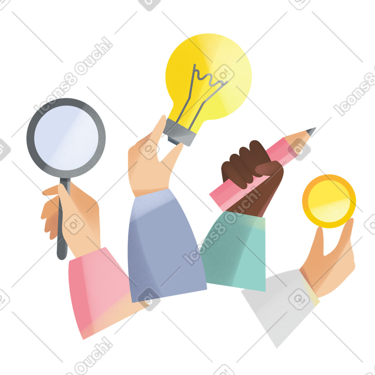 Illustration animée Hands holding light bulb, magnifying glass, pencil and coin dans le style Shine à télécharger aux formats GIF, Lottie (JSON), AE
