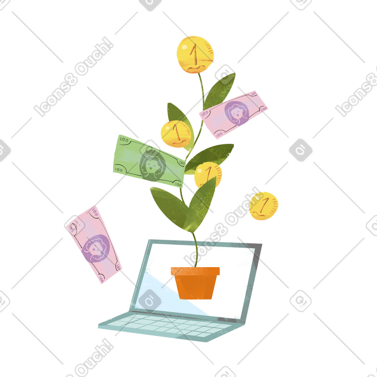 Иллюстрация Money plant growing from laptop, Online investment and passive income в стиле Fabulous — скачать в форматах PNG, SVG