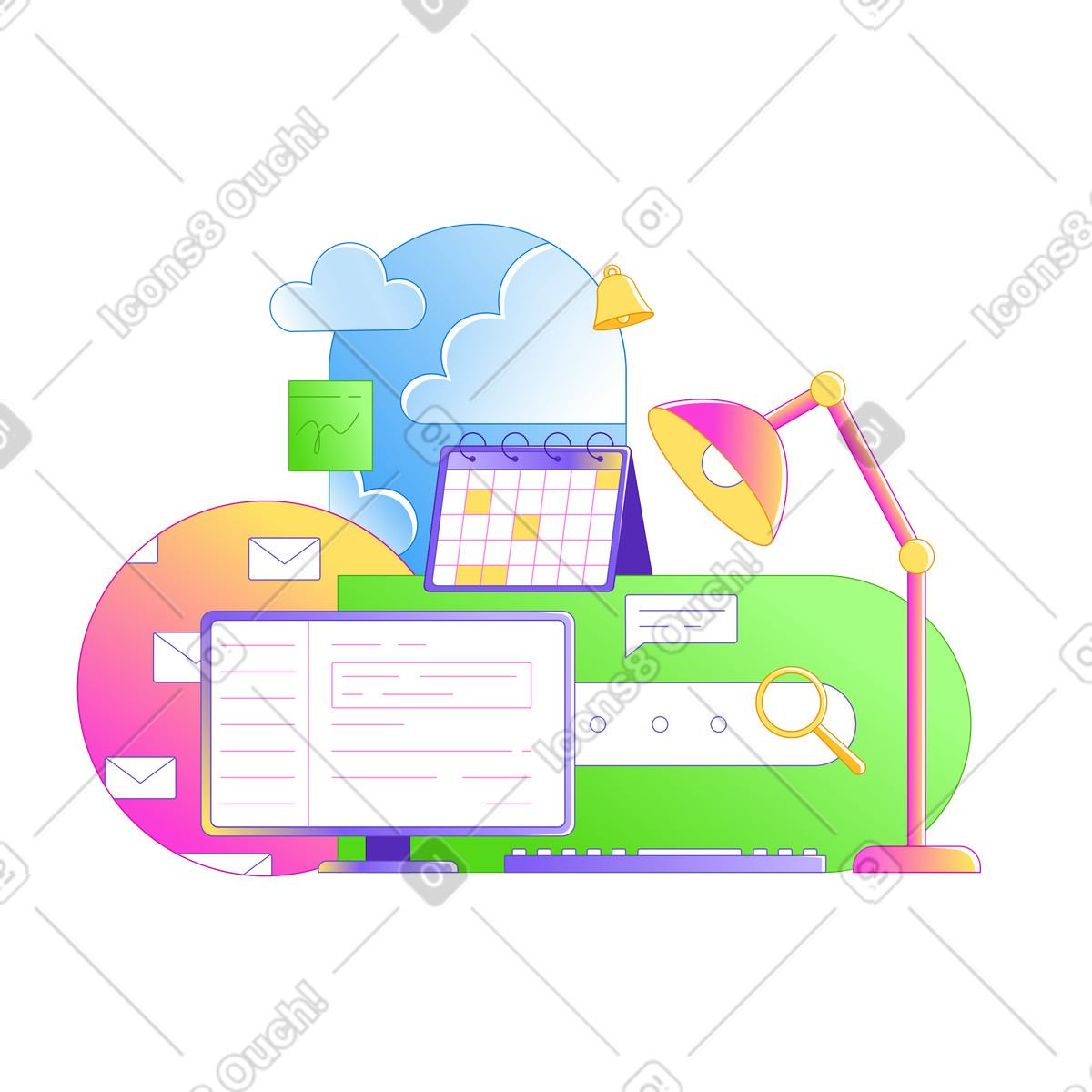Workspace with calendar, computer and desk lamp illustration in PNG, SVG