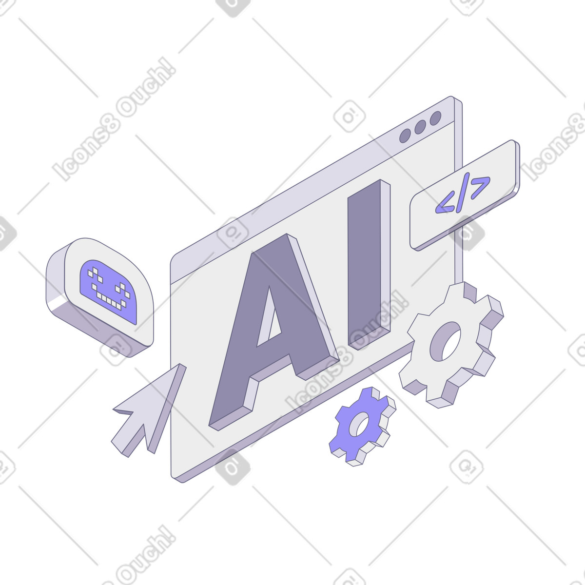 Ilustração animada de Ai letters in browser window with gears and chatbot, digital assistant integration em no estilo Modul para baixar em GIF, Lottie (JSON), AE