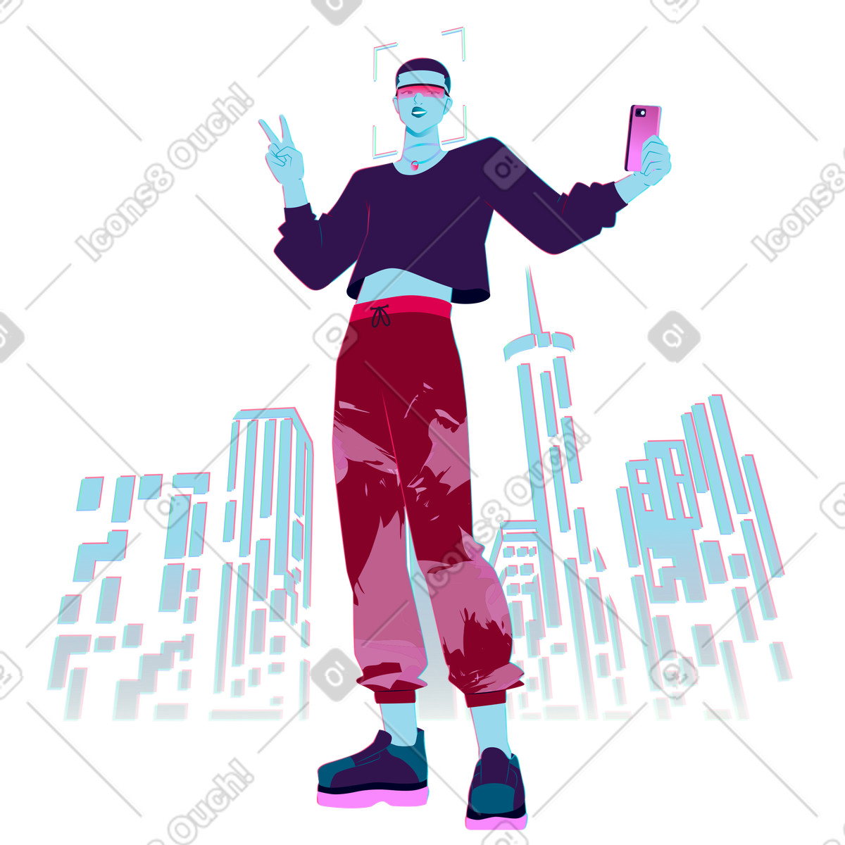 Ilustración Taking a selfie with city skyline, Urban lifestyle and social sharing en estilo Neon descargar en PNG y SVG