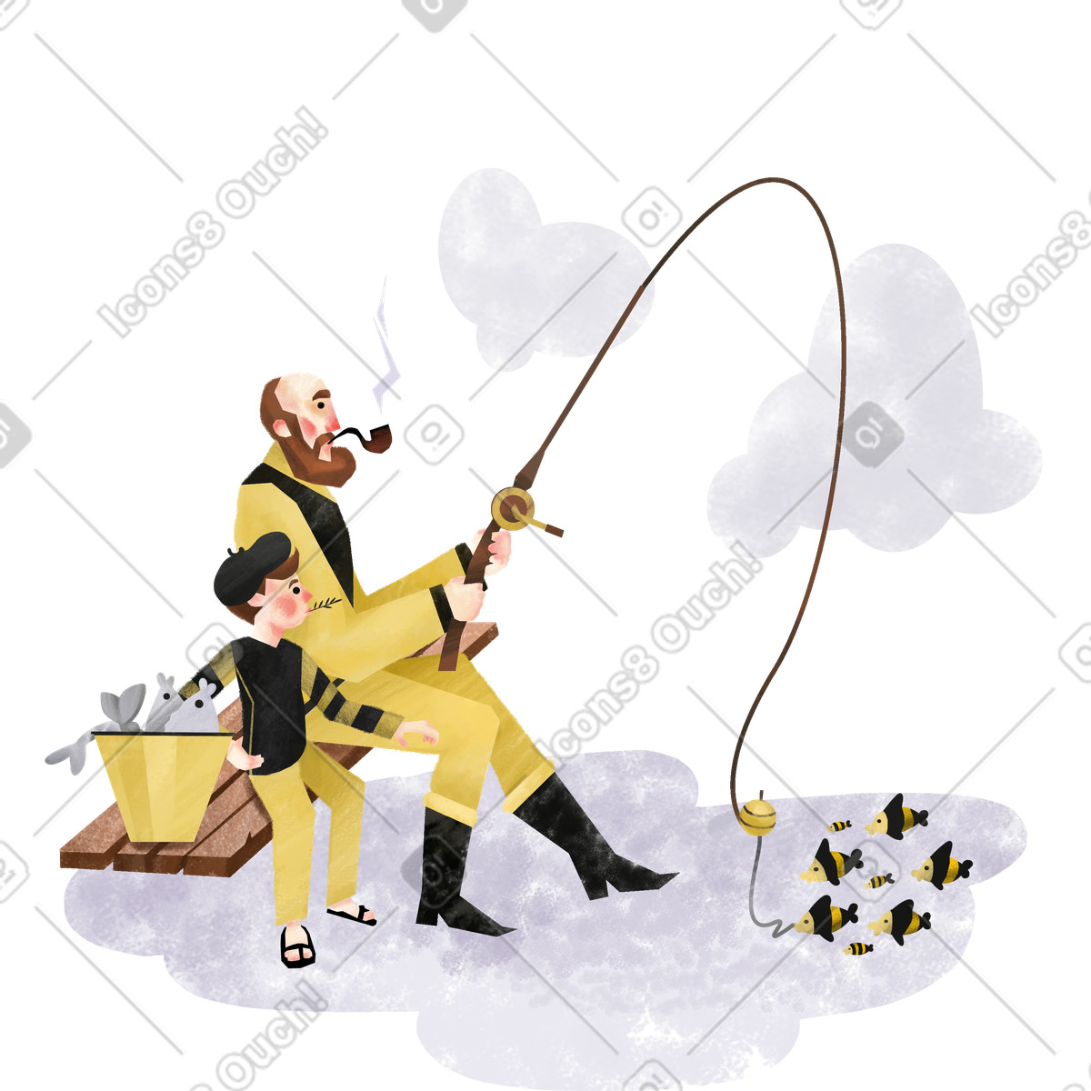 Family スタイルの 釣りをして積み込みを待っている男性 のイラストをPNG、SVG形式でダウンロード