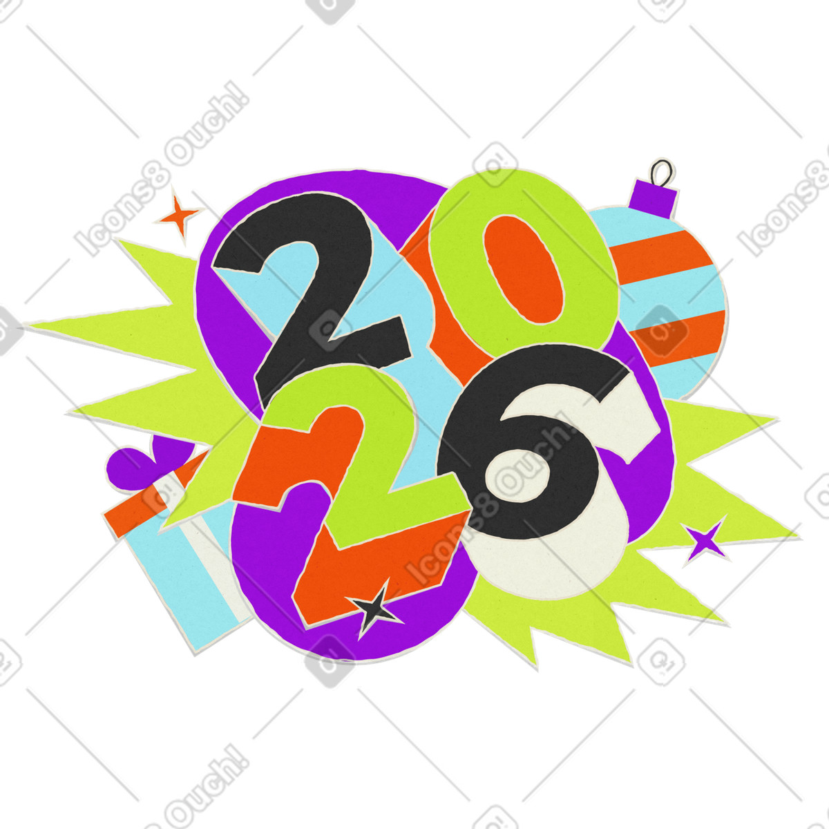 Number 2026 with holiday decorations illustration in Lettering style download in PNG, SVG