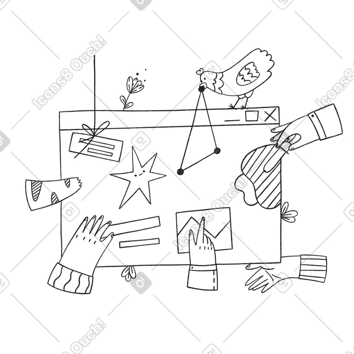 People and animals designing website together illustration in Bonbon Line style download in PNG, SVG