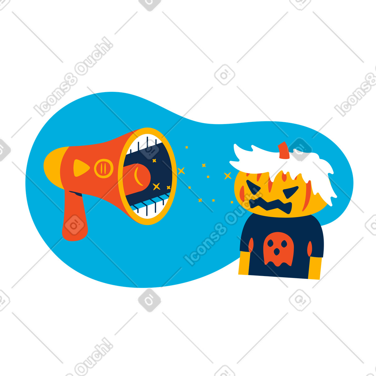 Иллюстрация Angry pumpkin head with blasting speaker, Halloween music listening в стиле Flame — скачать в форматах PNG, SVG