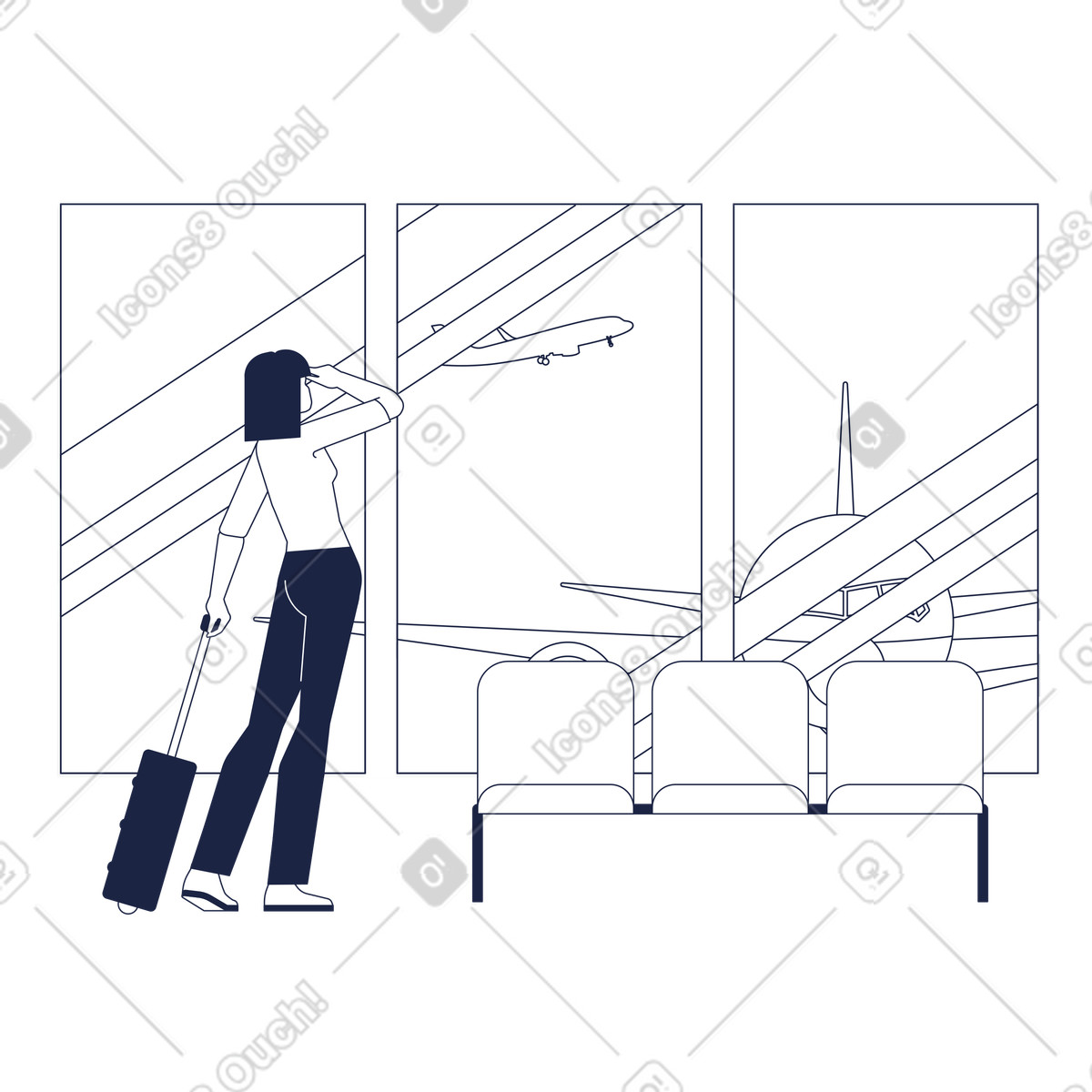 Urban Line スタイルの Flight departure waiting area with traveler and suitcase のイラストをPNG、SVG形式でダウンロード