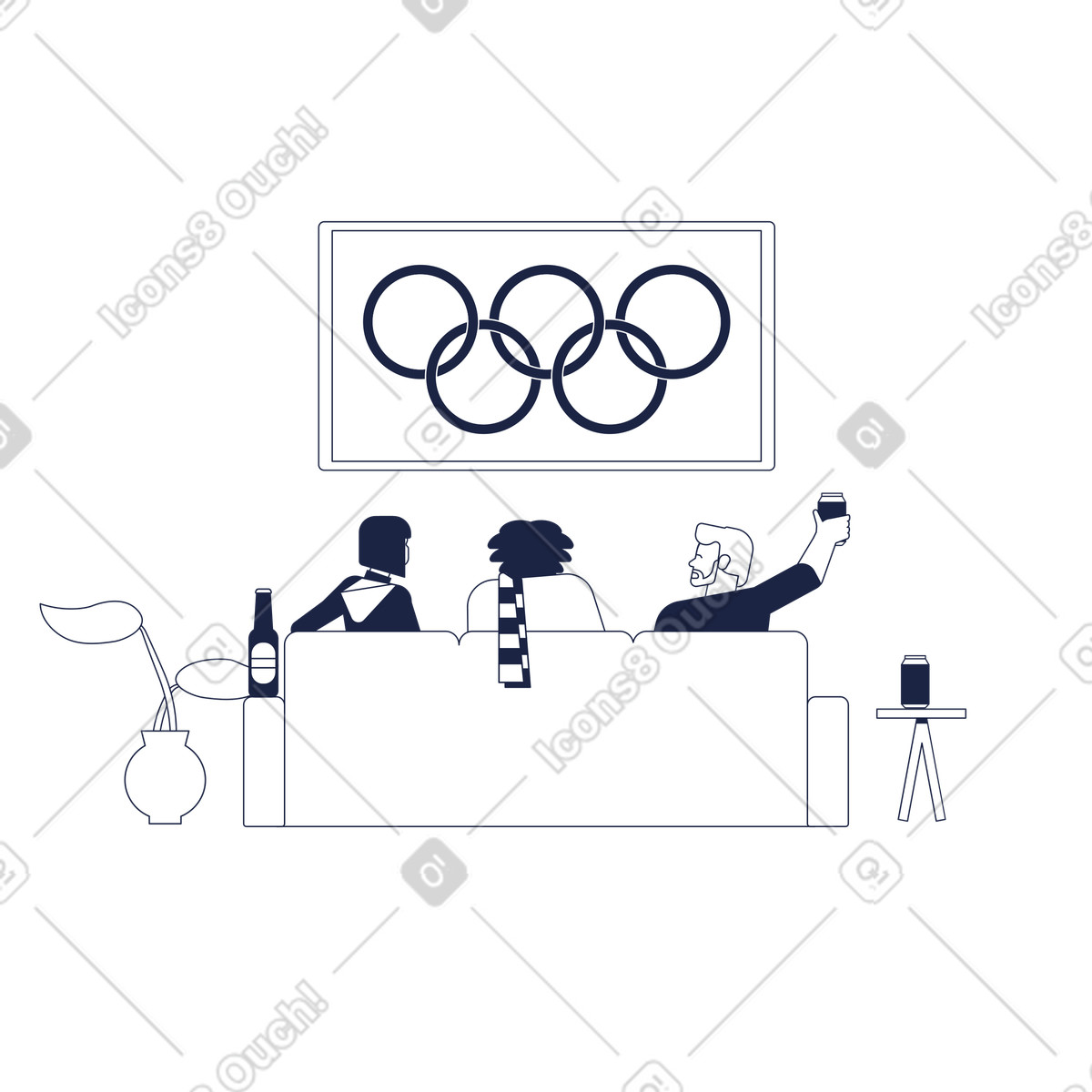 Illustration Des hommes et une femme sont assis à la maison sur le canapé regardent diffusion olympique télévision dans style Urban Line télécharger aux formats PNG, SVG