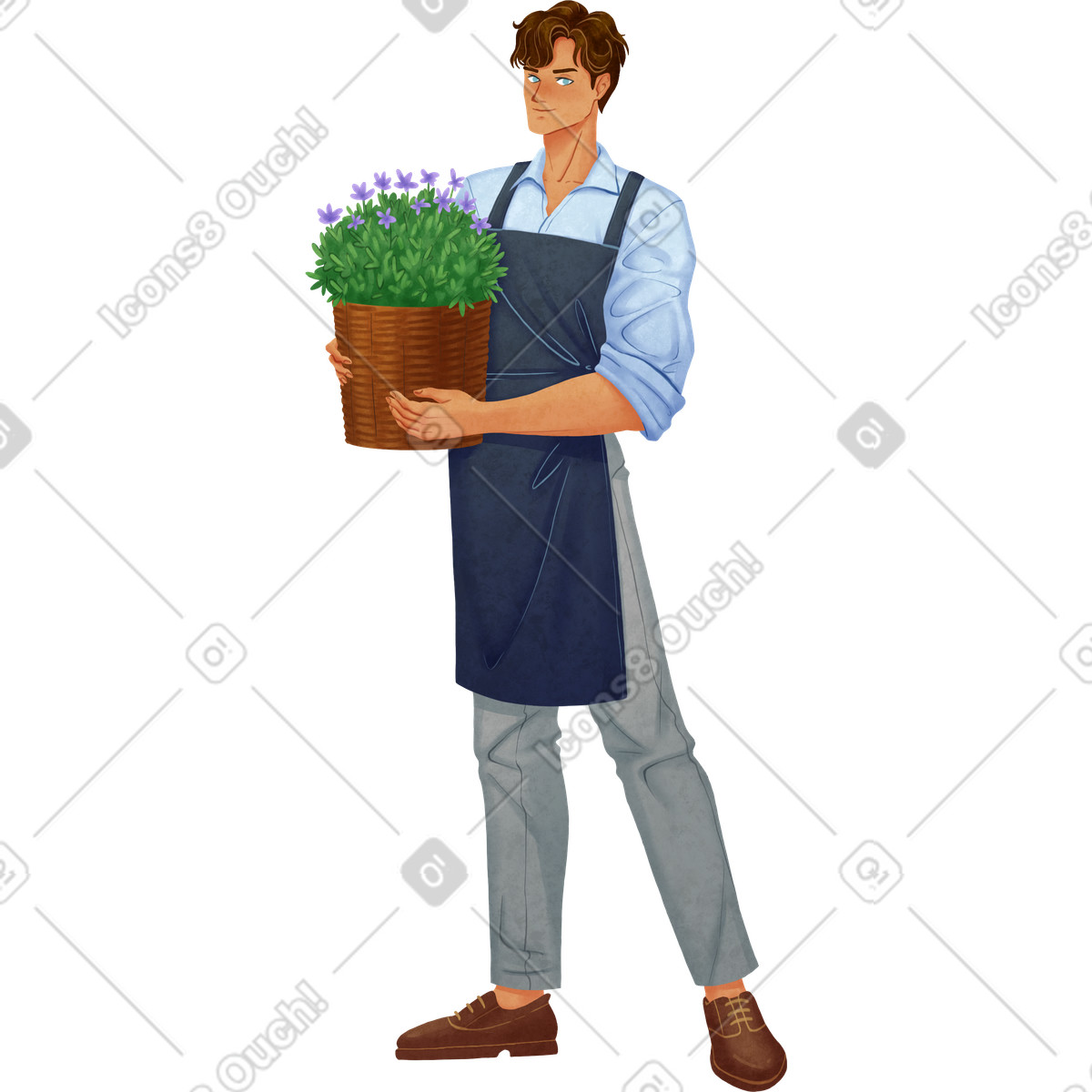 Florist in apron holding plant a pot-Illustration im Lifestyle-Stil als Download PNG, SVG