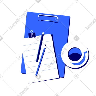 Vue de dessus d'une tasse de café, presse-papiers avec clip, feuille de papier et deux crayons PNG, SVG