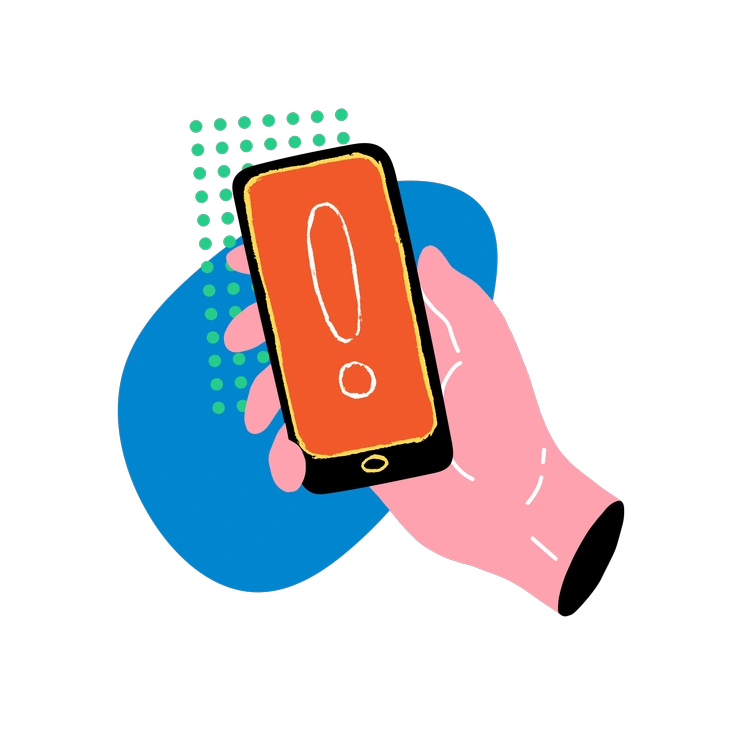 A hand holding a smartphone with an alert - Rush style illustration