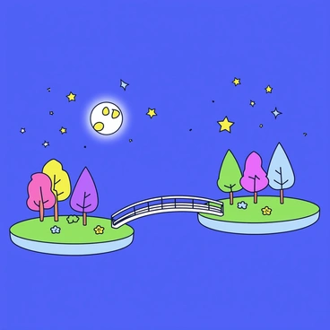 A bridge made of glowing moonbeams stretches elegantly between two floating islands. The moonbeams shimmer softly, casting a silver light. Each island is lush and green, with vibrant trees and colorful flowers. The night sky is filled with stars, twinkling brightly around the scene. The atmosphere is calm and peaceful, enhancing the magical connection formed by the bridge.