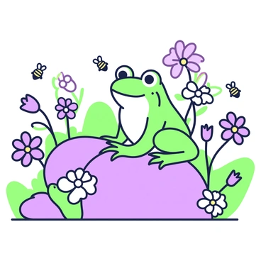 A green frog is sitting on a large, smooth rock. Around the frog, there are various blossoming flowers in different shapes and sizes, creating a vibrant scene. Some flowers have wide petals while others are smaller and more delicate, all in full bloom. Several bees are buzzing around the flowers, with their small, defined wings and bodies in motion as they gather nectar. The background suggests a lush, green environment, enhancing the springtime atmosphere. The frog looks content, with its eyes wide and alert, as it observes its surroundings.