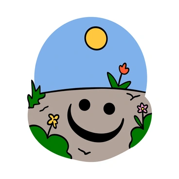A shadow on the ground shaped like a smiley face. The sun is shining brightly in a clear blue sky, casting a vibrant light. The shadow is positioned on a surface, showing clear outlines of the smiley face features, including the circular shape and two dots for eyes along with a curved line for a smile. Surrounding the shadow are patches of green grass and a few colorful flowers, enhancing the cheerful atmosphere of the scene.