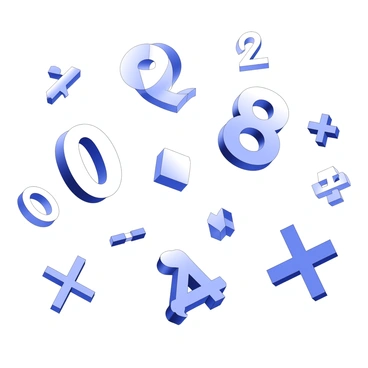 A collection of numbers and symbols is suspended in mid-air, resembling balloons. Each number and symbol has a distinct shape and size, gently bobbing as if influenced by an unseen breeze. The scene features a variety of geometric forms, including circles, squares, and triangles, that add to the composition. The numbers range from zero to nine, while the symbols include addition, subtraction, and multiplication signs. The arrangement creates a sense of depth, with some elements appearing closer to the viewer and others receding into the background.