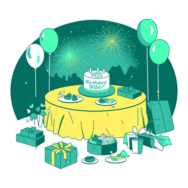 A teal and yellow scene depicts a joyful birthday party for "Bilbo Baggins." In the center, there is a large round table adorned with a vibrant yellow tablecloth, overflowing with various gifts wrapped in teal and yellow paper. Colorful balloons are scattered throughout the scene, with some tied to the table and others floating in the air. In the background, a cascading display of fireworks illuminates the night sky, creating a festive atmosphere. Several small plates filled with delicious treats are placed on the table, and a large cake with "Happy Birthday Bilbo" written on it is prominently featured. The overall scene radiates celebration and happiness.