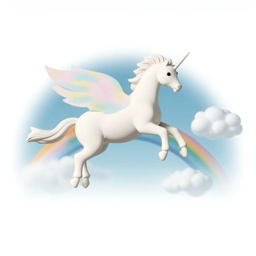 A majestic winged unicorn, with a shimmering white coat and a flowing mane and tail that sparkle in pastel colors, is galloping gracefully through the air. Its large, iridescent wings are spread wide, reflecting the sunlight as it soars above a vibrant rainbow that arches across the sky. The background features a clear blue sky with fluffy white clouds, enhancing the magical atmosphere of the scene. The unicorn's horn glows softly, adding a touch of enchantment to the image.