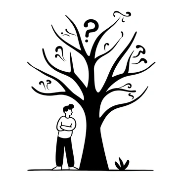 A tree with a thick trunk and branches extending outward, featuring leaves shaped like question marks. The tree is positioned centrally, with its shadow falling on the ground. In the shadow, a figure stands with a thoughtful posture, dressed in a simple tunic and trousers. The figure's arms are crossed and their head is slightly tilted down, as if in deep contemplation. The surroundings are minimal, enhancing the focus on the tree and the pondering figure.