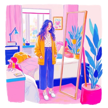 Anjelica is standing in front of a full-length mirror in a stylish bedroom. She has long, dark hair that cascades down her shoulders. She is trying on a layered outfit that consists of a patterned shirt layered under a cozy cardigan, paired with tailored pants. The bedroom is decorated with contemporary furniture, including a sleek bed with a plush comforter and accent pillows. On a nearby dresser, there are accessories like a statement necklace and a pair of earrings. A few plants are placed around the room, adding a touch of greenery. The wall behind her is adorned with framed artwork.