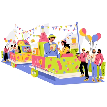 A vibrant parade featuring colorful floats and participants in elaborate costumes. The floats are designed with intricate patterns and motifs inspired by famous illustrations, showcasing bold colors and whimsical shapes. People in the parade wear eye-catching costumes, some resembling characters from well-known storybooks, with large, exaggerated features and playful accessories. The atmosphere is lively, with cheerful spectators lining the street, enjoying the parade's energy and creativity. Brightly colored banners and balloons are scattered throughout the scene, adding to the festive feel.