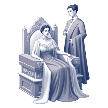 An empress is seated on an elaborately decorated throne that features intricate carvings and embellishments. She is draped in luxurious fabrics, with rich textures and patterns that cascade around her. The throne is adorned with ornamental details that highlight its grandeur. Attendants stand respectfully at her side, dressed in elegant garments that complement the empress’s attire. The scene conveys a sense of authority and opulence, with the empress poised in a regal manner.
