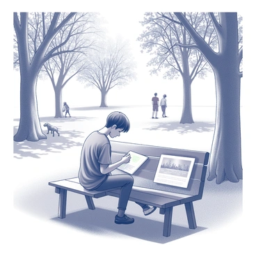 A young artist sitting on a wooden bench in a park. The artist is focused intently on sketching in a sketchbook placed on their lap. The artist has short hair and is wearing a casual shirt. A variety of trees surround the bench, some with large trunks and sprawling branches. There are people walking in the background, enjoying the park, and a dog playing nearby. Sunlight filters through the leaves, casting intricate shadows on the ground. The sketchbook shows a partial view of the landscape, capturing the lively scenery.