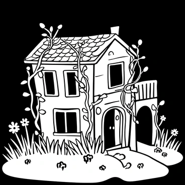 An old, abandoned house with a weathered exterior, featuring broken windows and a sagging roof. Overgrown plants and vines are entwined around the structure, indicating years of neglect. The scene is shrouded in darkness, casting deep shadows across the ground and creating a mysterious atmosphere. The surrounding area includes tall grass and wildflowers, adding to the sense of abandonment.