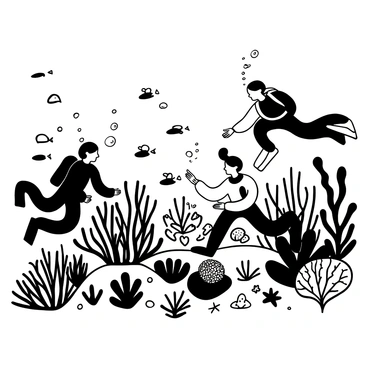 Divers in wetsuits are exploring a vibrant underwater coral garden filled with various types of corals, including branching and plate corals. Schools of fish of different shapes and sizes swim gracefully around the divers. One diver is kneeling on the sandy seabed, examining a cluster of colorful sea anemones, while another diver is hovering above, pointing towards a group of small, curious fish. There are various pieces of marine life, like starfish and sea urchins, scattered among the corals. Bubbles rise towards the surface, creating a dynamic underwater atmosphere.